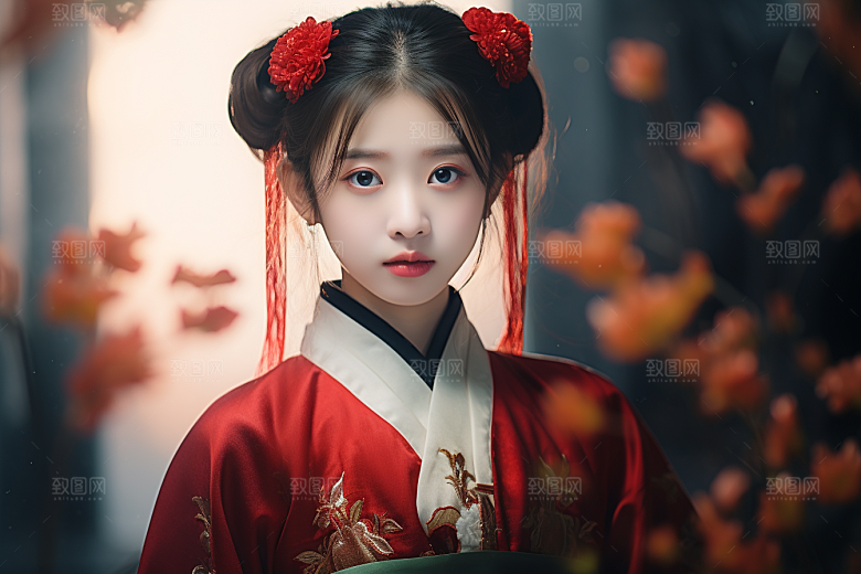 春节汉服女孩高清红色CG