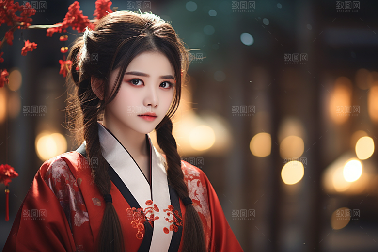 春节汉服女孩红色高清CG