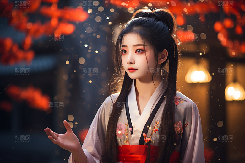 春节汉服女孩春日红色CG