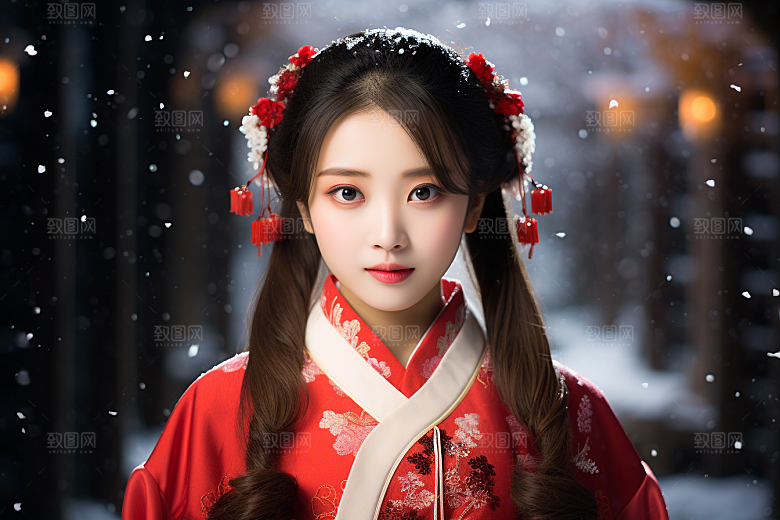 春节汉服女孩红色中国风CG