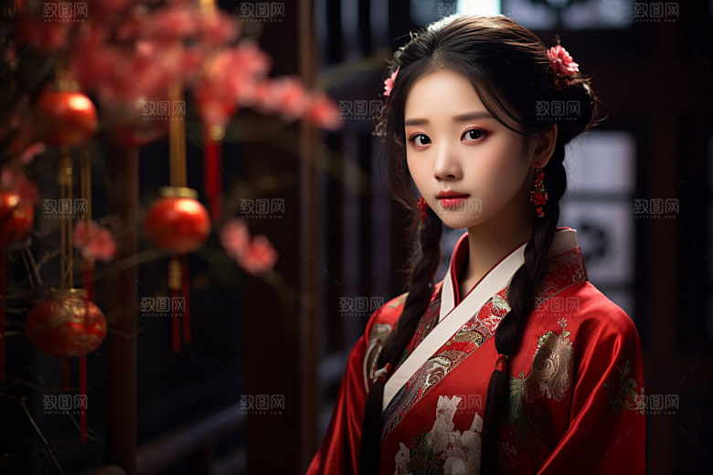 春节汉服女孩喜庆红色CG