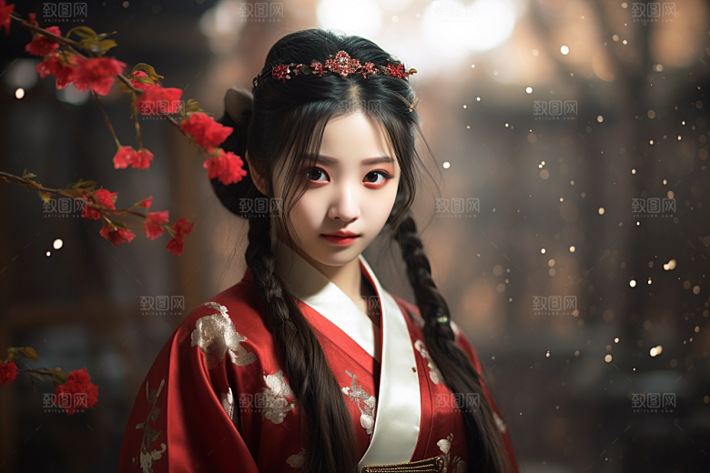 春节汉服女孩中国风红色CG