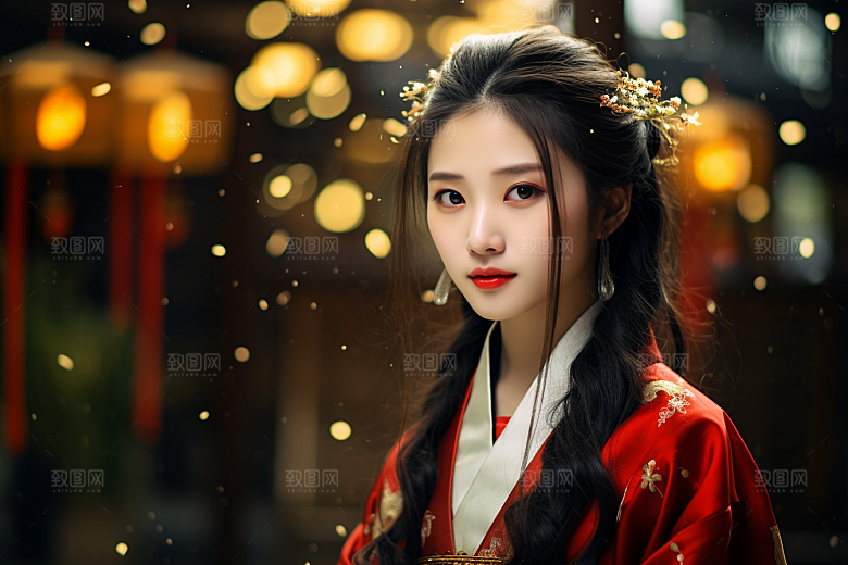 春节汉服女孩传统文化红色CG