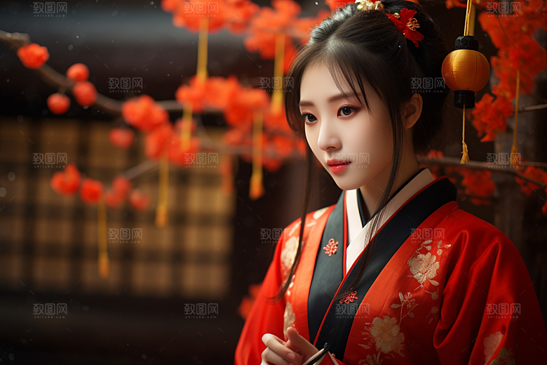 春节汉服女孩中国风红色CG