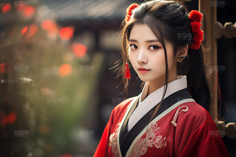 春节汉服女孩传统文化红色CG