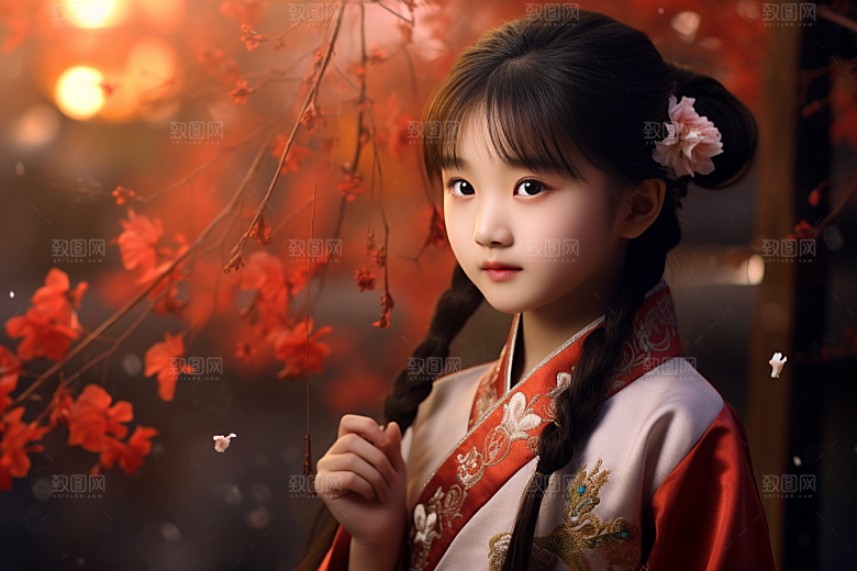 春节汉服女孩红色中国风CG