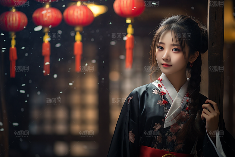 春节汉服女孩中国风过年CG