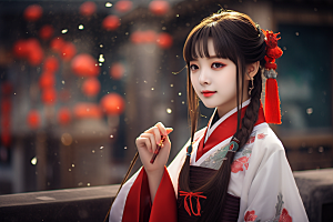 春节汉服女孩传统文化红色CG