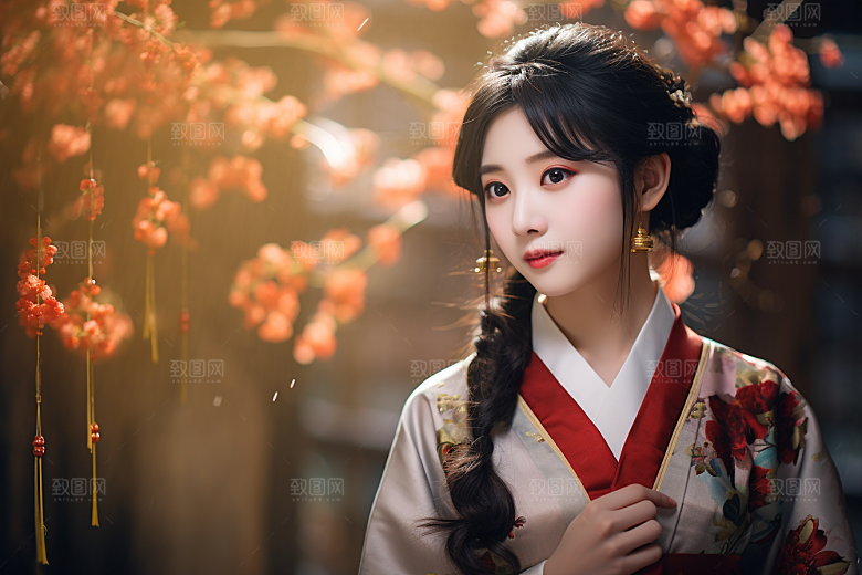 春节汉服女孩红色高清CG