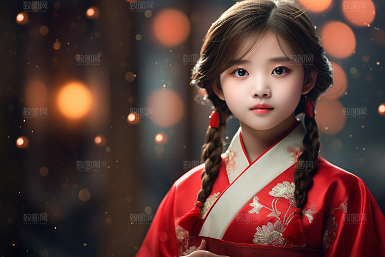 春节汉服女孩高清红色CG