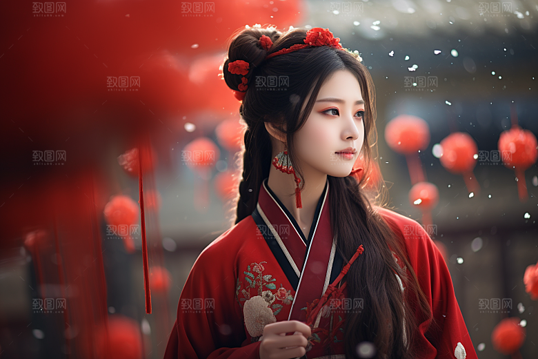 春节汉服女孩红色过年CG