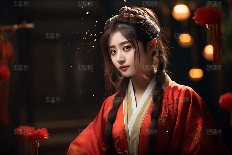 春节汉服女孩红色过年CG