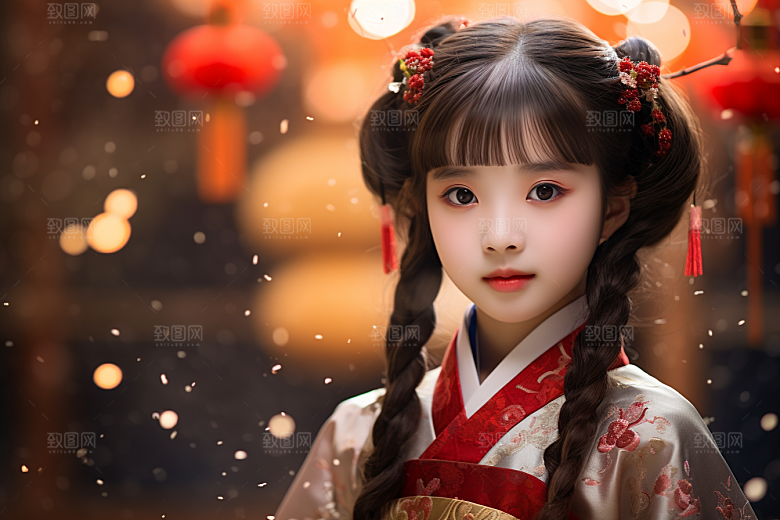 春节汉服女孩春日红色CG