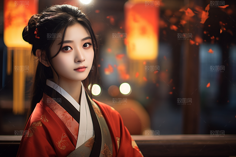 春节汉服女孩高清红色CG