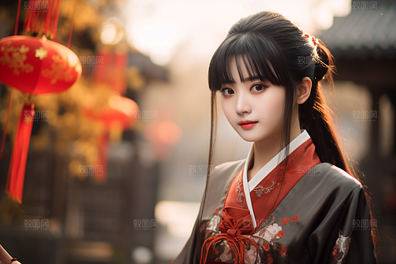 春节汉服女孩红色新春CG
