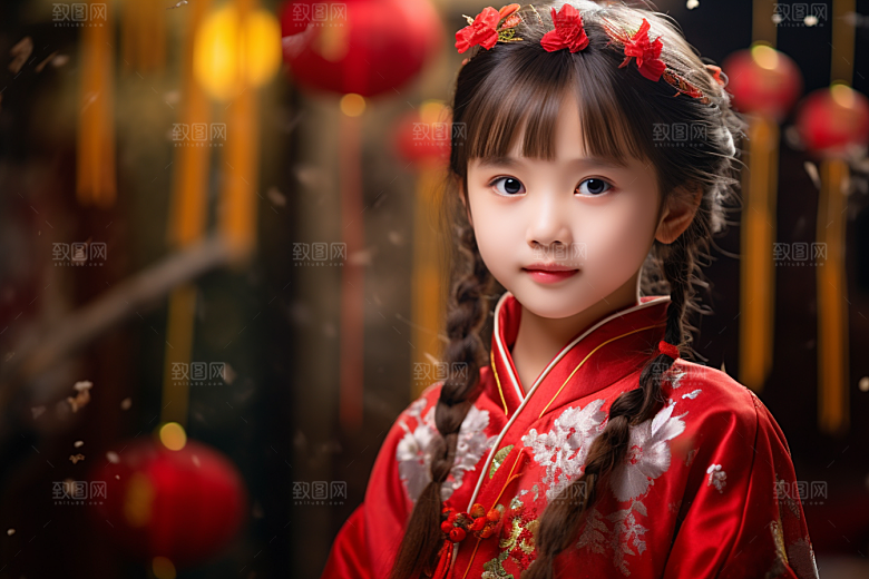 春节汉服女孩红色中国风CG