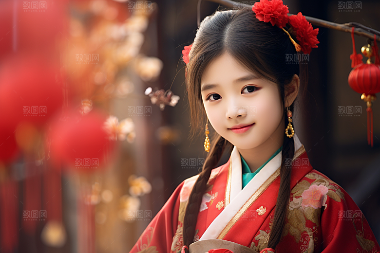 春节汉服女孩红色过年CG