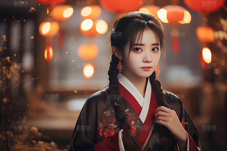春节汉服女孩春日红色CG