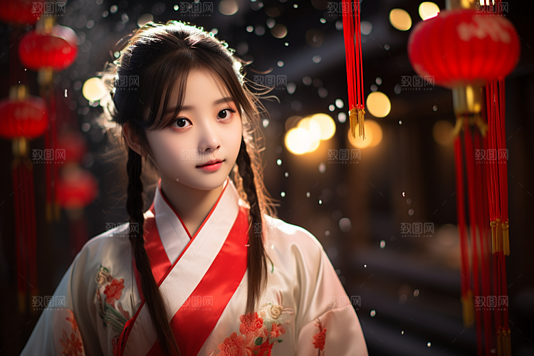 春节汉服女孩红色喜庆CG