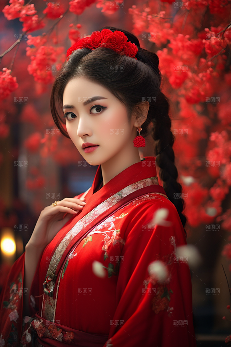 春节汉服女孩新春红色CG