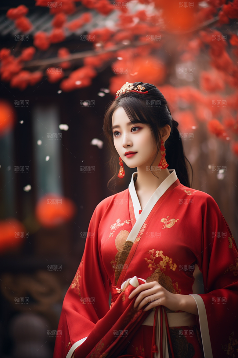 春节汉服女孩红色春日CG