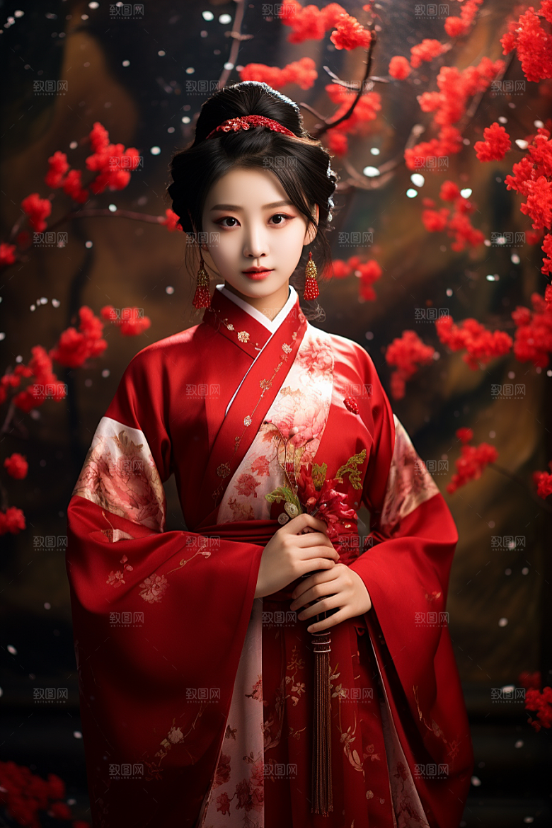 春节汉服女孩高清红色CG