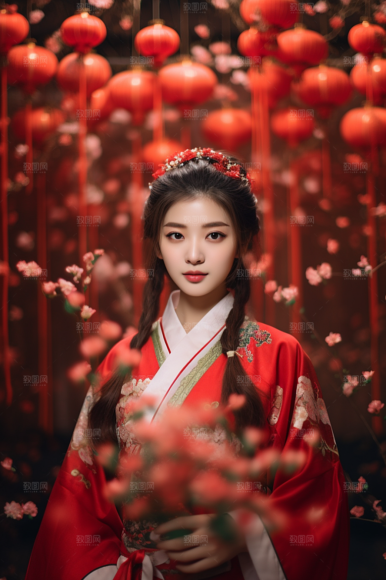 春节汉服女孩中国风红色CG