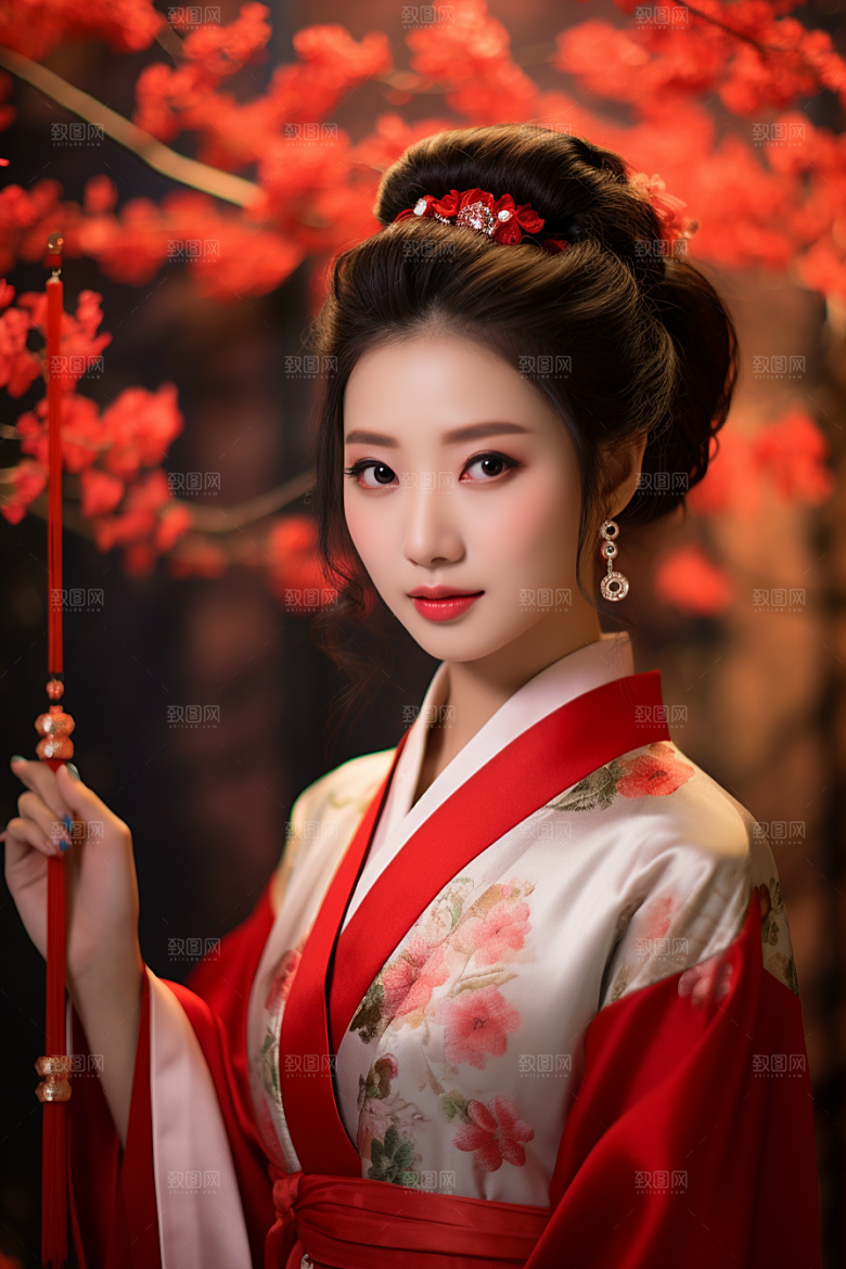 春节汉服女孩春日红色CG