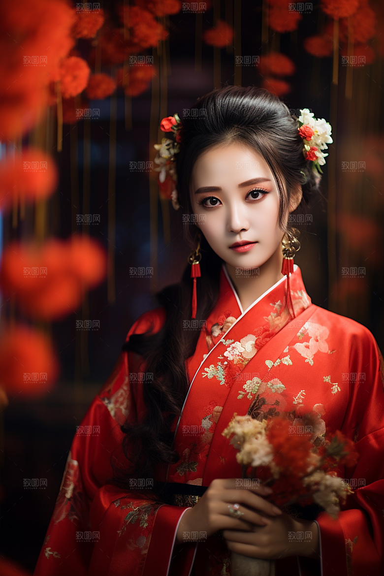 春节汉服女孩中国风红色CG