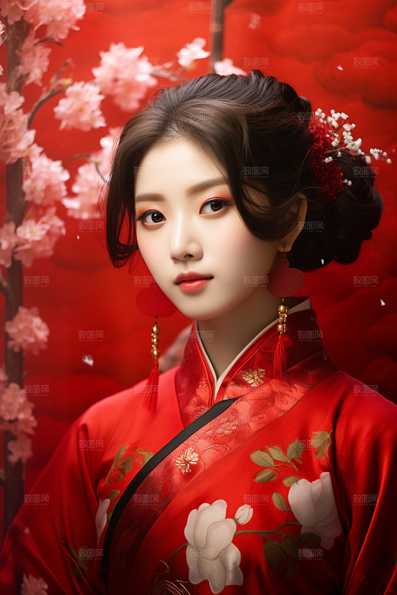 春节汉服女孩红色新春CG