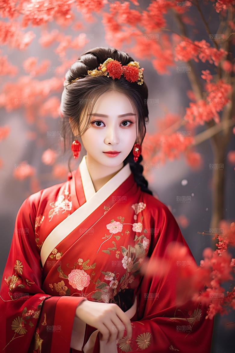 春节汉服女孩红色高清CG