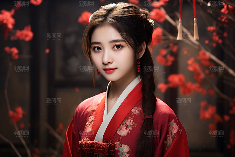 春节汉服女孩中国风红色CG