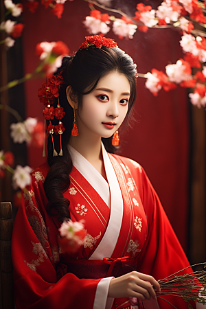 春节汉服女孩传统文化红色CG