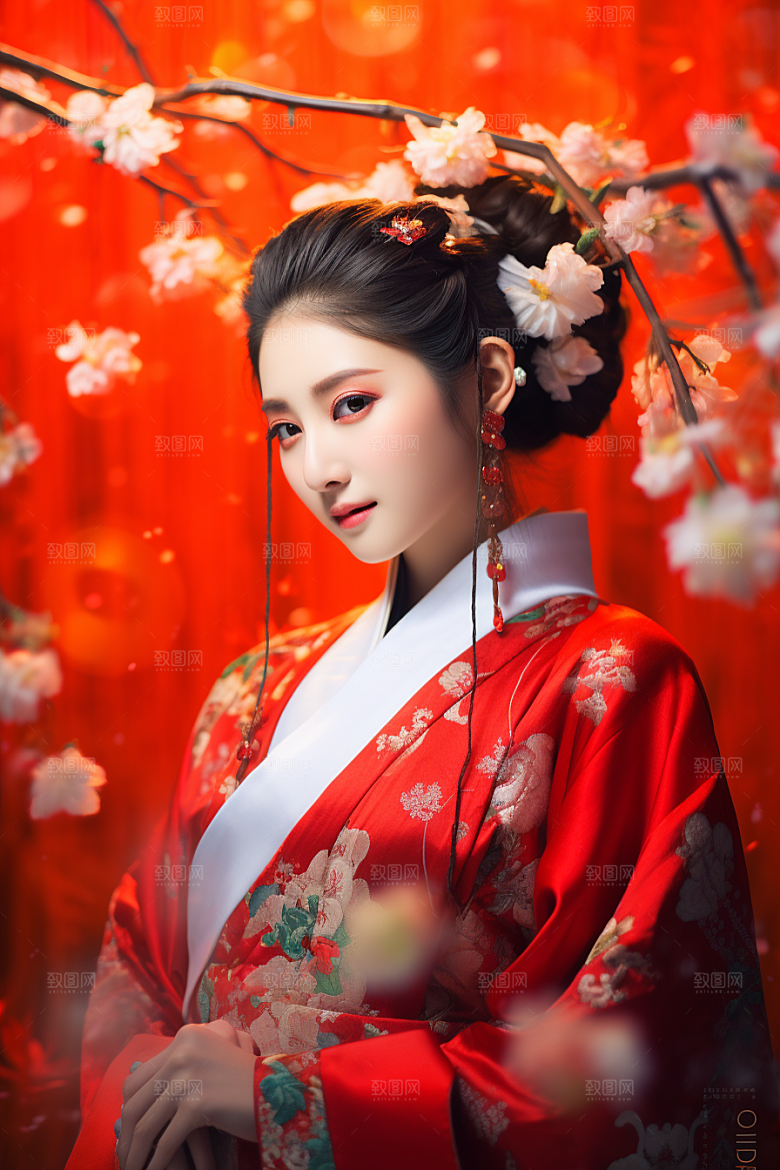 春节汉服女孩红色过年CG