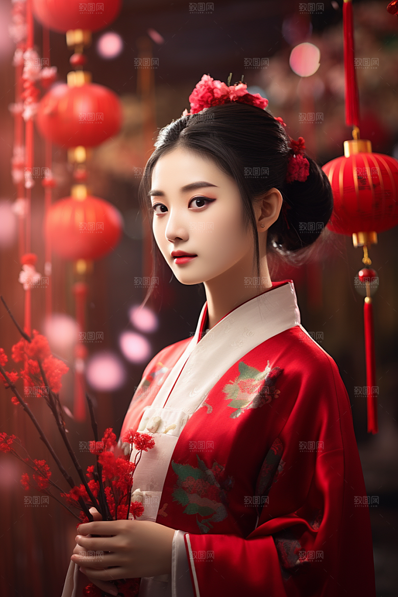 春节汉服女孩过年传统文化CG