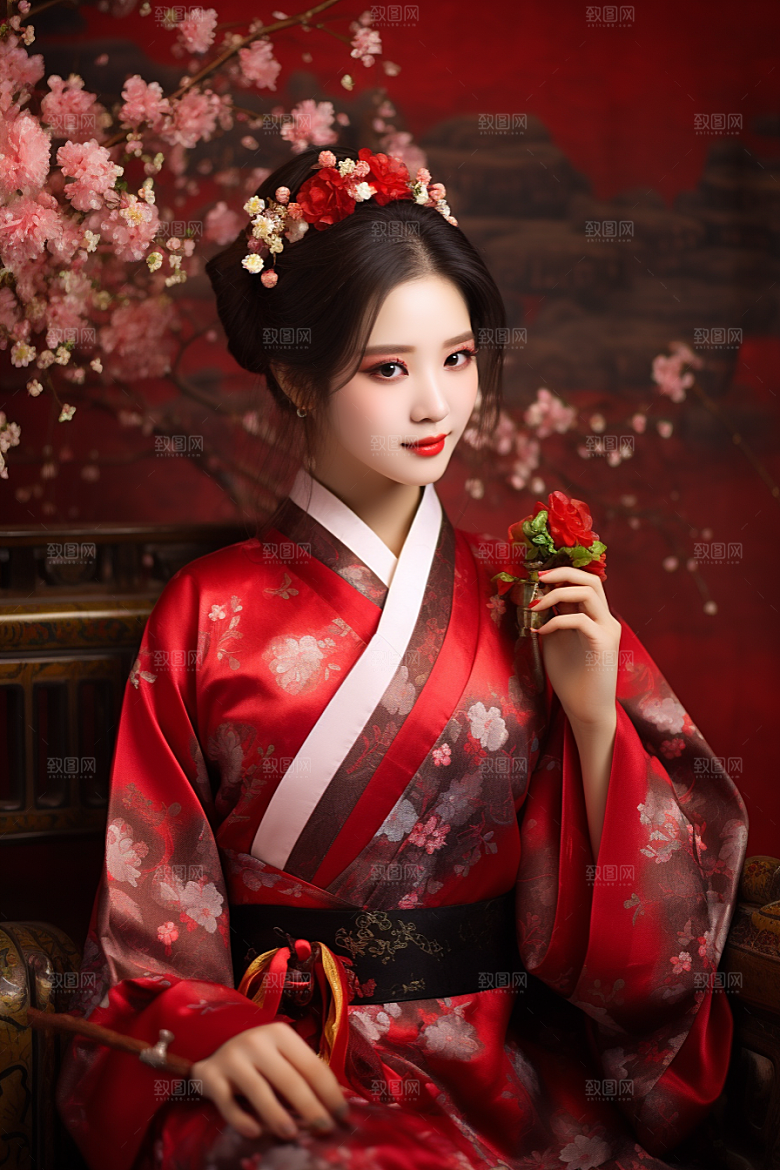 春节汉服女孩过年红色CG
