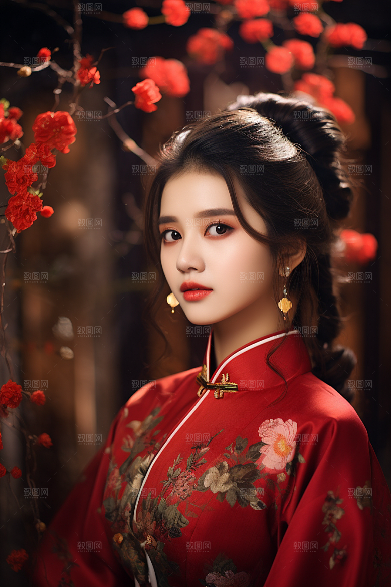 春节汉服女孩红色过年CG
