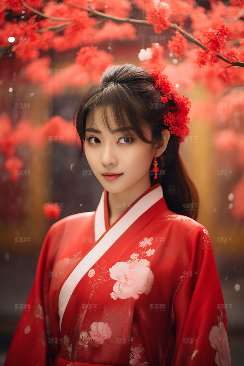 春节汉服女孩春日红色CG