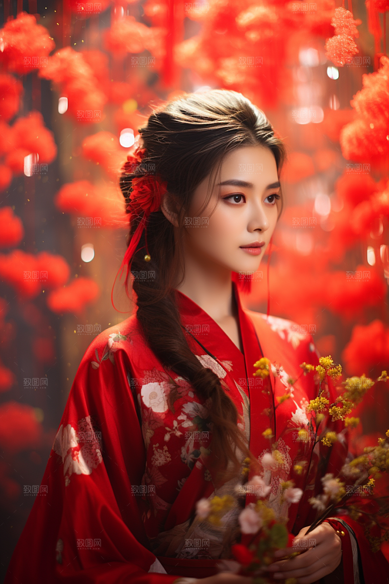春节汉服女孩高清红色CG