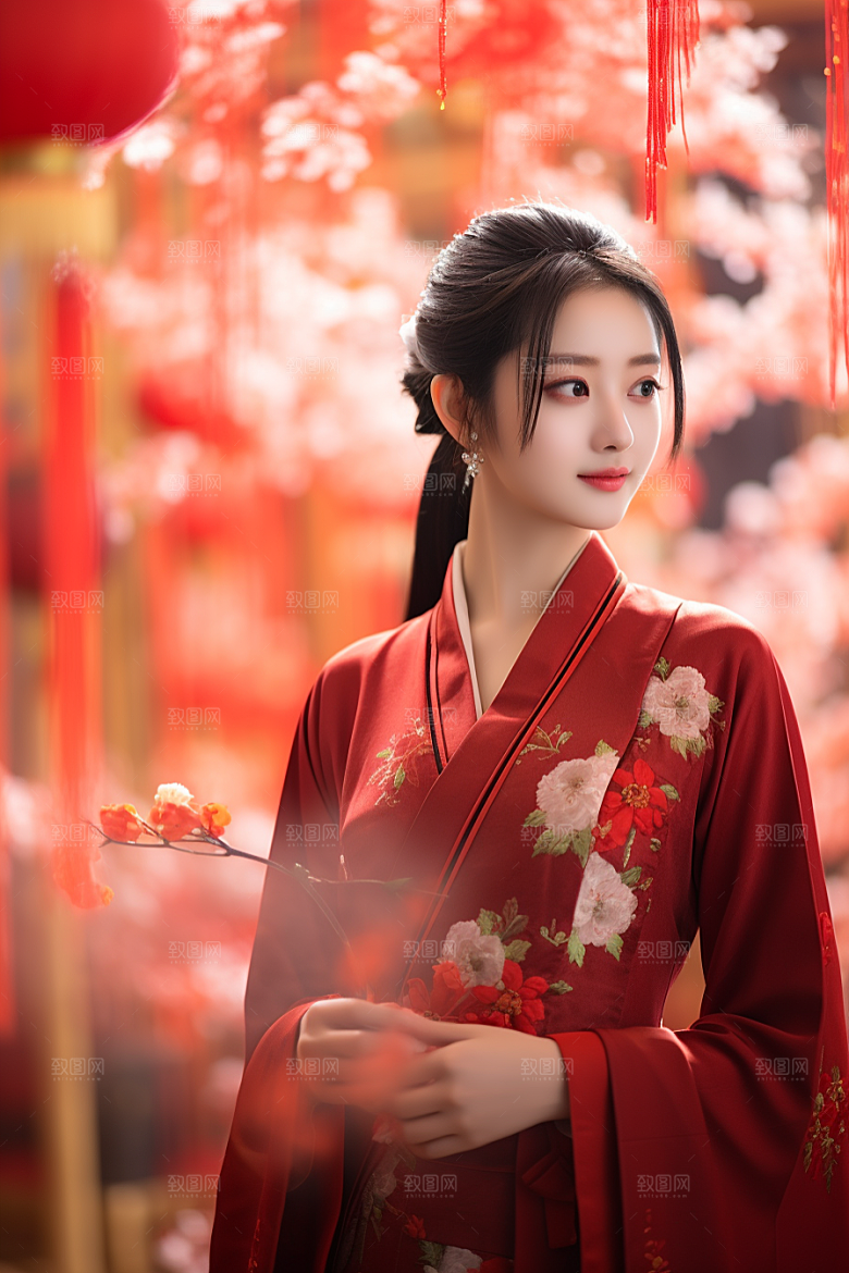 春节汉服女孩红色喜庆CG