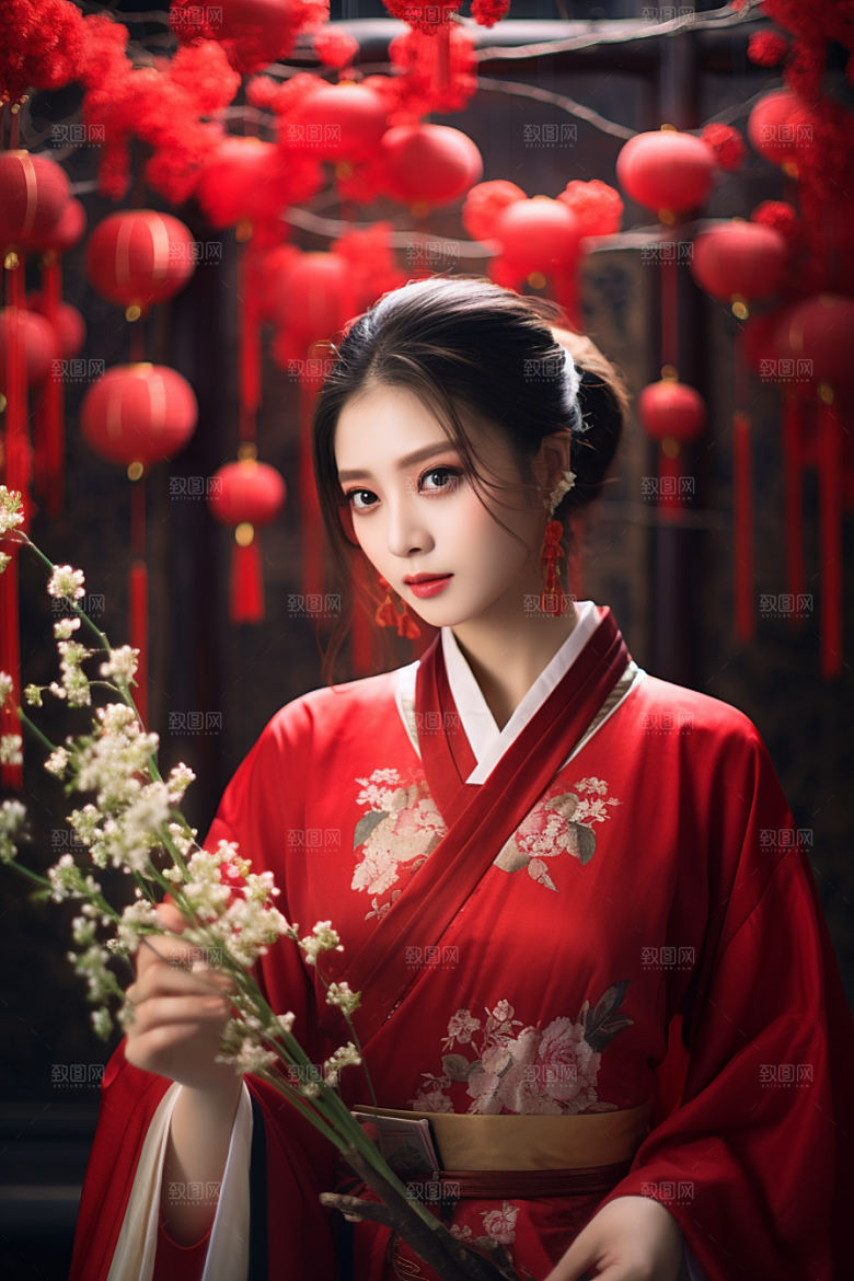 春节汉服女孩红色高清CG