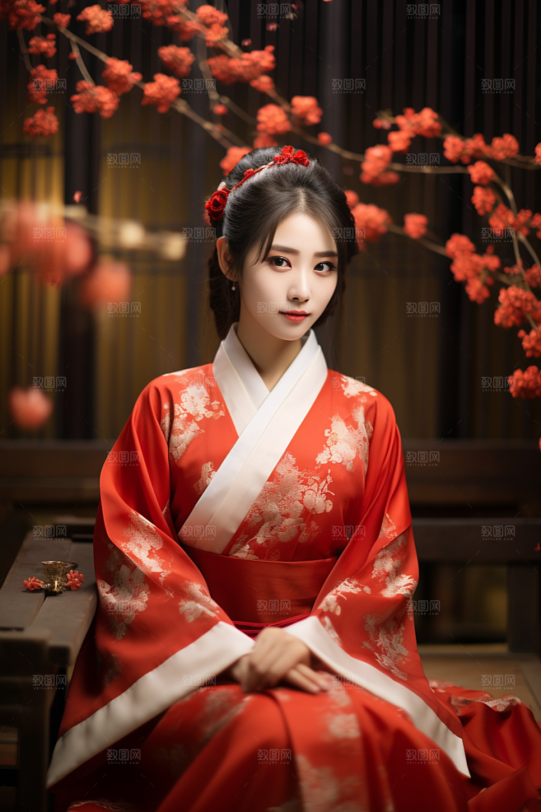 春节汉服女孩红色春日CG