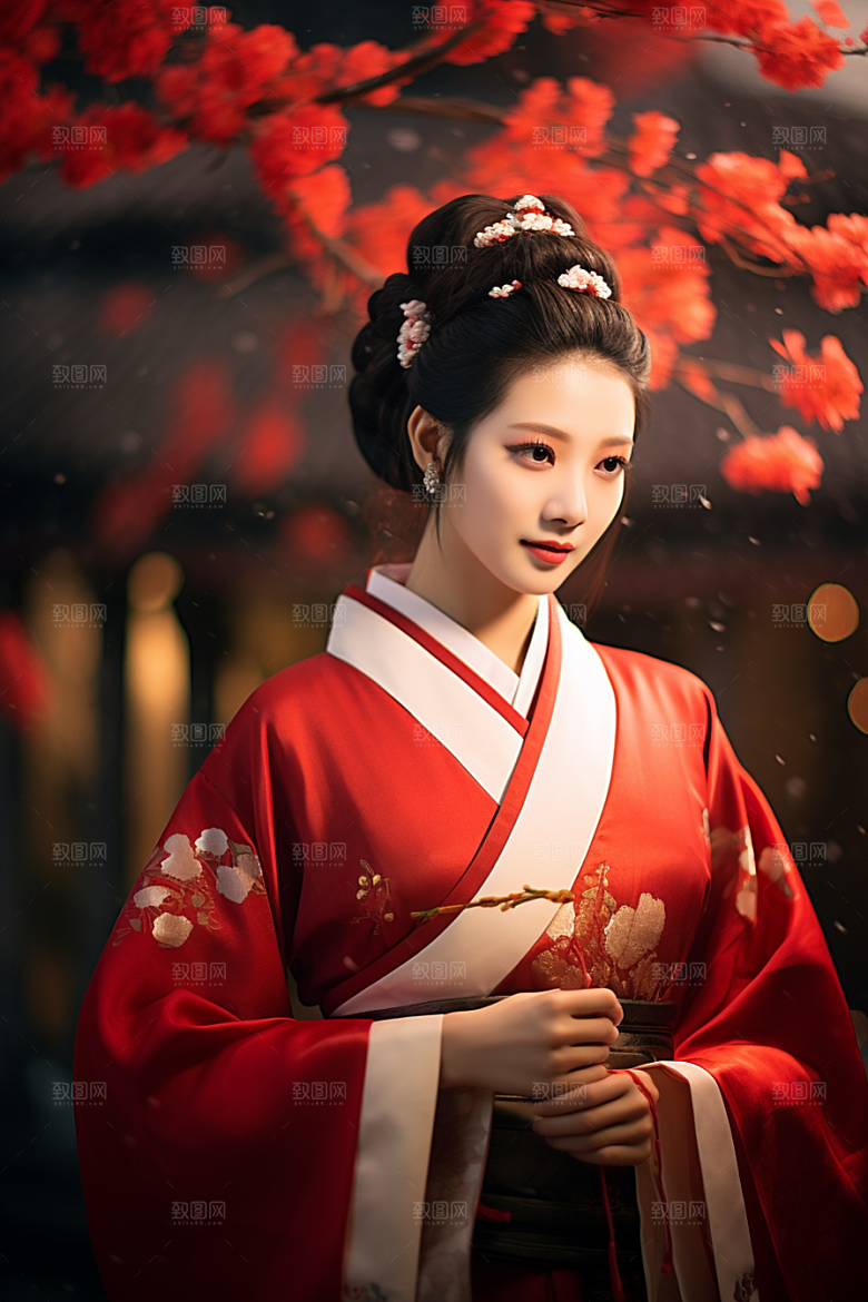 春节汉服女孩红色春日CG