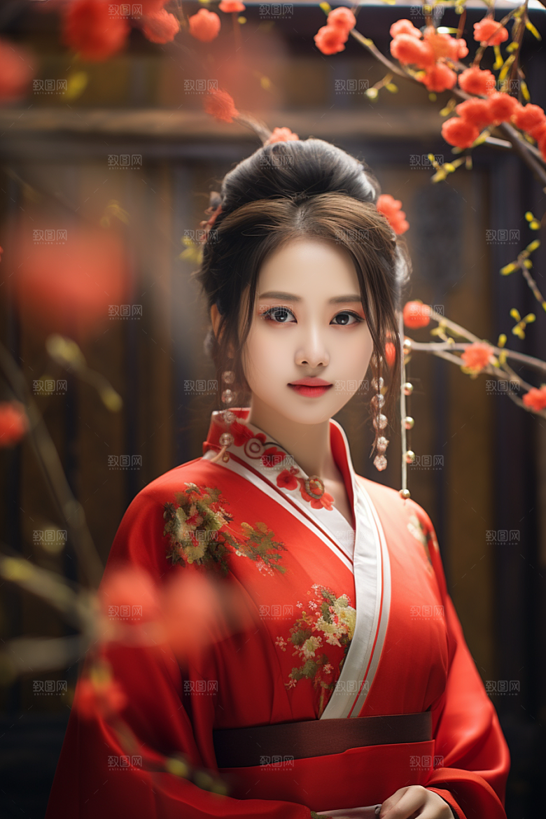 春节汉服女孩红色新春CG