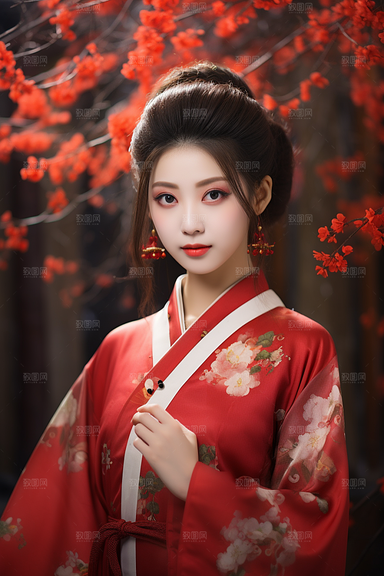 春节汉服女孩新春红色CG