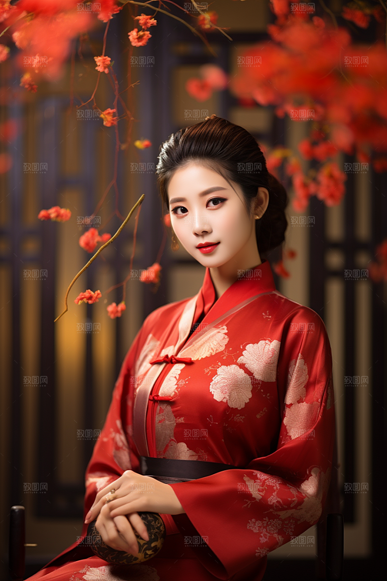 春节汉服女孩传统文化红色CG