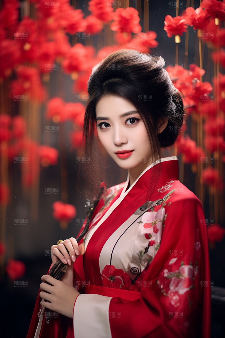 春节汉服女孩过年红色CG