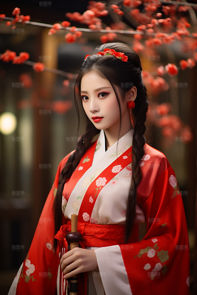 春节汉服女孩红色春日CG