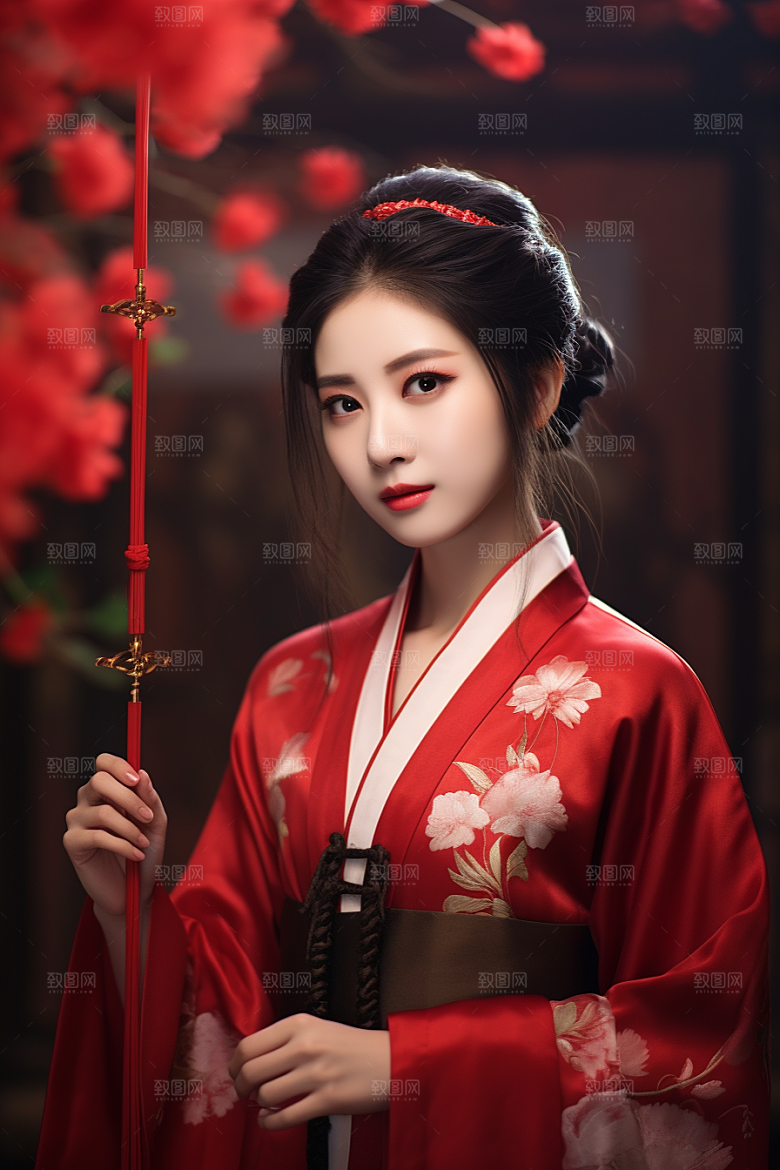 春节汉服女孩传统文化红色CG