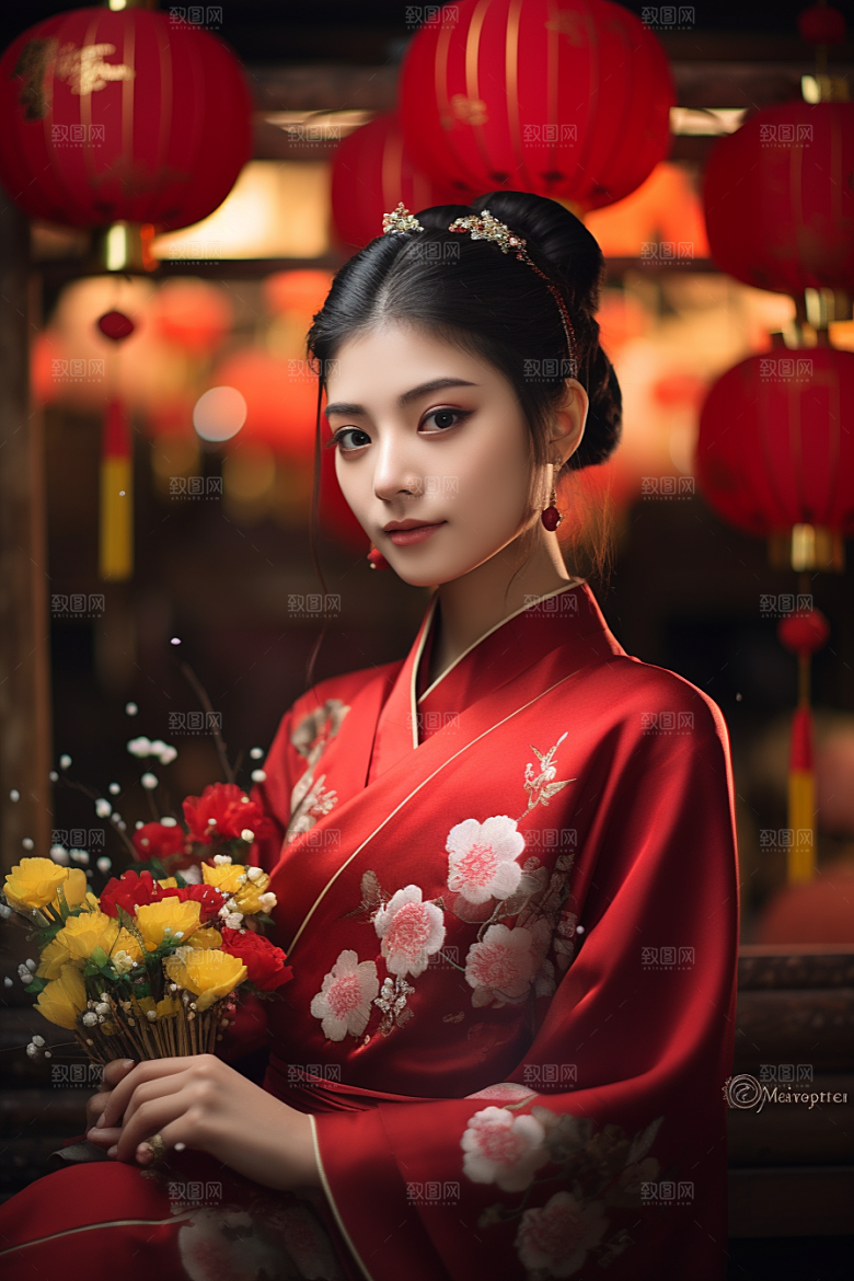 春节汉服女孩过年红色CG
